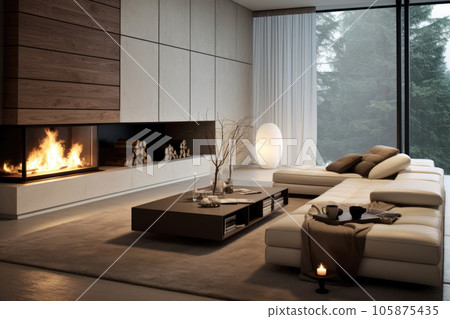 Loft-style living room with fireplace and sofa Loft-style living room with fireplace and sofa 105875435