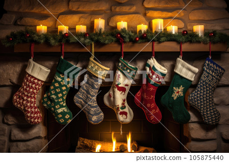 Christmas socks of different colors for gifts are hanging on the fireplace with decorations. 105875440
