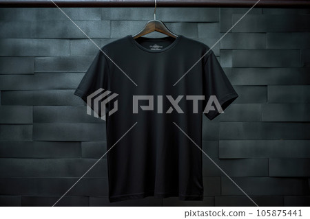 Black cotton T-shirt hanging on a hanger, a place for text Black cotton T-shirt hanging on a hanger, a place for text 105875441