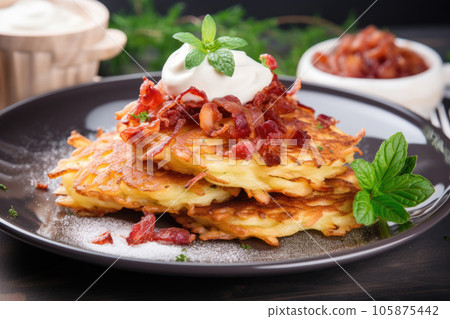 Potato pancakes draniki with bacon and sour cream. Potato pancakes draniki with bacon and sour cream. 105875442