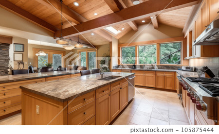 Kitchen interior in a wooden house with high ceilings and beams. Kitchen interior in a wooden house with high ceilings and beams. 105875444
