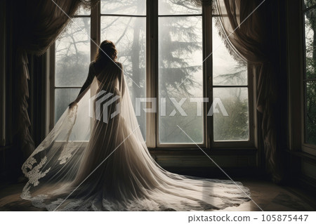 A bride in a wedding dress and with a veil is standing near a large window A bride in a wedding dress and with a veil is standing near a large window 105875447
