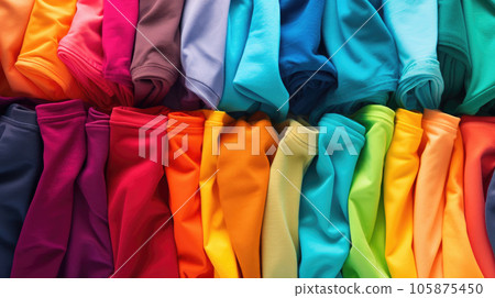 Stack of colorful t shirts with a clean background Stack of colorful t shirts with a clean background 105875450