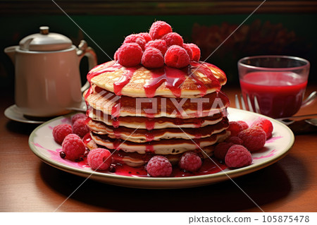 Pancakes with raspberries in a plate 105875478
