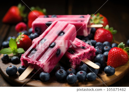 Fruit ice cream on a stick with blueberries, strawberries, blueberries and mint leaves Fruit ice cream on a stick with blueberries, strawberries, blueberries and mint leaves 105875482