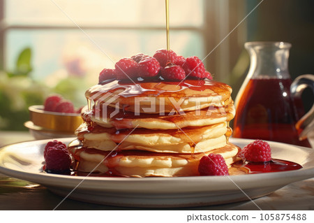 Honey pours on pancakes with raspberries 105875488