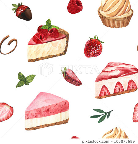Watercolor seamless pattern desserts, piece of cheesecake with fresh strawberries. Hand-drawn illustration isolated on white background. Perfect food menu, food drawing, design packing, print Watercolor seamless pattern desserts, piece of cheesecake with fresh strawberries. Hand-drawn illustration isolated on white background. Perfect food menu, food drawing, design packing, print 105875699