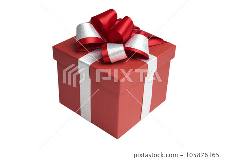 Red gift box with silver ribbon and red bow on white background, 105876165