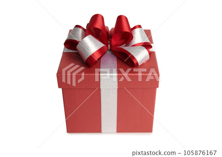 Red gift box with silver ribbon and red bow on white background, 105876167