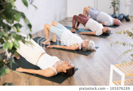Elderly woman in company of hatha yoga lovers performs bridge pose, setu bandha sarvangasana 105876289