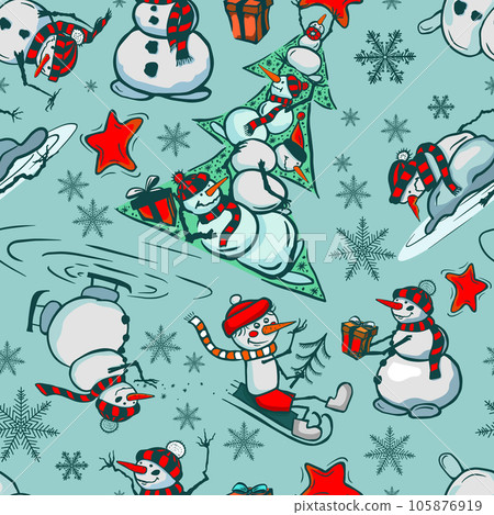 Seamless pattern snowmen funny print. Vector illustration. Christmas, New Year greeting card, fabrics, home decor, scrapbooking 105876919