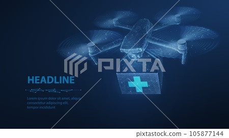 Drone and box with medical cross. Abstract 3d future medicine concept. 105877144