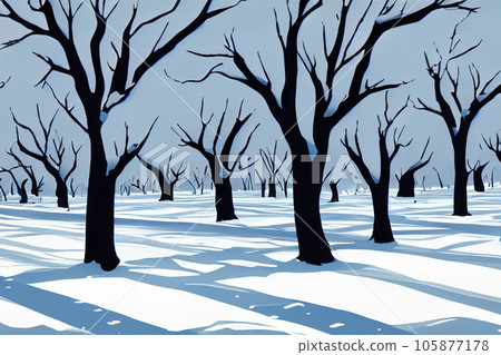 Snow. Illustration. White blanket of snow. Winter concept. Snow covered streets. White cloak Christmas concept. Winter road and landscape of frozen trees. Free space for your decoration. 105877178