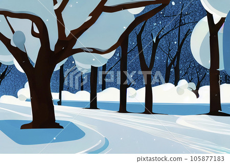 Snow. Illustration. White blanket of snow. Winter concept. Snow covered streets. White cloak Christmas concept. Winter road and landscape of frozen trees. Free space for your decoration. 105877183