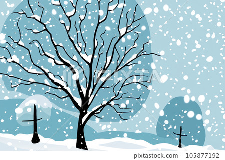 Snow. Illustration. White blanket of snow. Winter concept. Snow covered streets. White cloak Christmas concept. Winter road and landscape of frozen trees. Free space for your decoration. 105877192