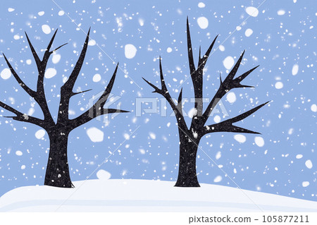 Snow. Illustration. White blanket of snow. Winter concept. Snow covered streets. White cloak Christmas concept. Winter road and landscape of frozen trees. Free space for your decoration. 105877211