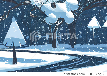 Snow. Illustration. White blanket of snow. Winter concept. Snow covered streets. White cloak Christmas concept. Winter road and landscape of frozen trees. Free space for your decoration. 105877212
