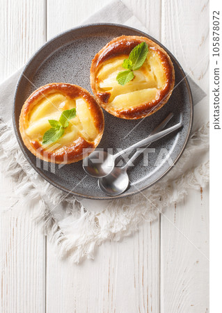 Classic baked Apple tartlet with custard and mint closeup in a plate. Vertical top view Classic baked Apple tartlet with custard and mint closeup in a plate. Vertical top view 105878072