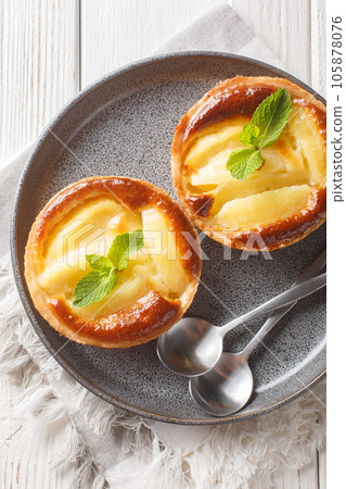 Mini Apple tart with custard and mint close-up in a plate. Vertical top view Mini Apple tart with custard and mint close-up in a plate. Vertical top view 105878076