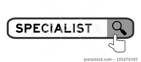 Search banner in word specialist with hand over magnifier icon on white background Search banner in word specialist with hand over magnifier icon on white background 105878395