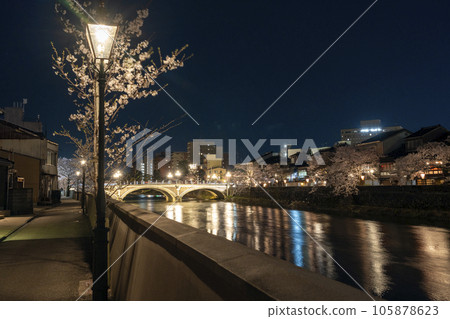 金澤著名的賞櫻勝地,一町茶屋區,夜間櫻花盛開,淺野川大橋燈火通明 金澤著名的賞櫻勝地,一町茶屋區,夜間櫻花盛開,淺野川大橋燈火通明 105878623