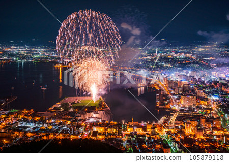 (Hokkaido) Hakodate city and fireworks seen from Mt. Hakodate observatory (Hokkaido) Hakodate city and fireworks seen from Mt. Hakodate observatory 105879118