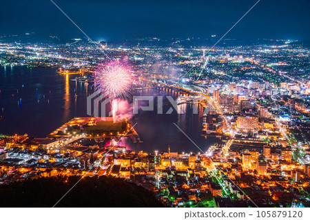 (Hokkaido) Hakodate city and fireworks seen from Mt. Hakodate observatory 105879120