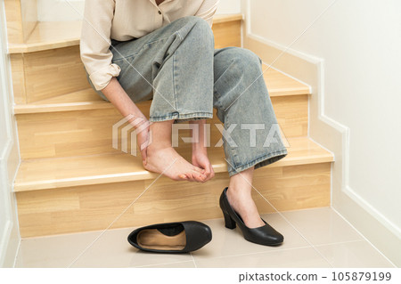 Asian lady woman patient fall down the stairs because slippery surfaces Asian lady woman patient fall down the stairs because slippery surfaces 105879199