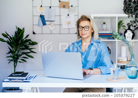 Portrait of 50's confident mature businesswoman, middle-aged experienced senior female professional working on laptop in cozy office work place. Female CEO, creative entrepreneur manage business. 105879227