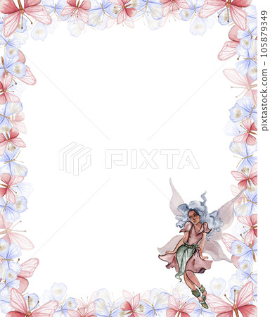 Watercolor square spring flowers frame in cartoon style with a flower fairy. Cartoon hand drawn background with flowers. Perfect for wedding invitation, for kids design, posters. 105879349