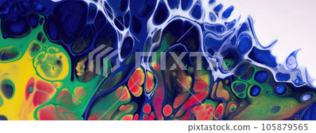 Abstract fluid art background navy blue, red and green colors. Liquid marble. Acrylic painting with gradient and splash. 105879565