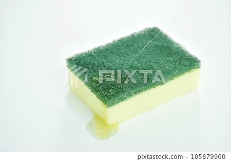 yellow and green scrub sponge with liquid washing on white background 105879960