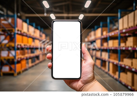 smartphone mockup in Hand. Mobile smartphone empty touch screen on warhouse background. smartphone mockup in Hand. Mobile smartphone empty touch screen on warhouse background. 105879966