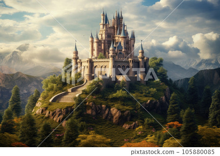 medieval fantasy castle on a big mountain - Stock Illustration ...