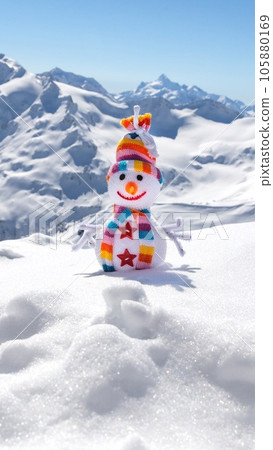 Happy snowman in mountains Happy snowman in mountains 105880169