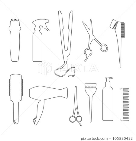 Cosmetic brush for hair, scissors, razor and comb. Barber tool line icon set 105880452