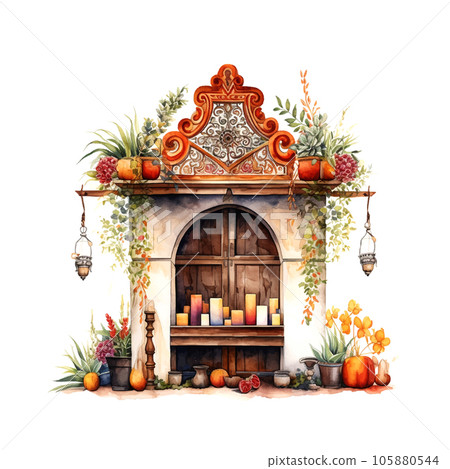 Vintage watercolor illustration with mexican altar Day of the dead 105880544