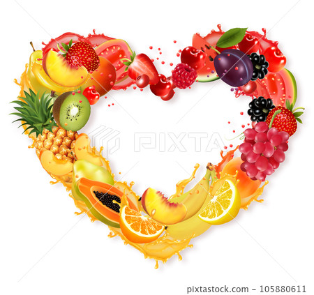 Fruit and berries in juice splash frame the shape of a heart. Strawberry, raspberry, blueberry, blackberry, orange, guava, watermelon, pineapple, mango, peach, apple, kiwi, banana. Vector Fruit and berries in juice splash frame the shape of a heart. Strawberry, raspberry, blueberry, blackberry, orange, guava, watermelon, pineapple, mango, peach, apple, kiwi, banana. Vector 105880611