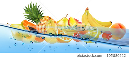 Fresh fruit and sweet berries  in transparent water and oxygen bubble. Pineapple, banana, cherry, orange, guava, pear, citron, peach, mango, papaya. Vector. 105880612