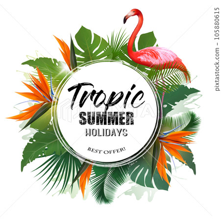 Summer Holiday Background With Tropical Plants And Coloful Flowers and Flamingo. Vector 105880615