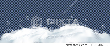 Bath foam or beer foam with bubblies isolated on transparent background. White soap froth texture with bubbles. Vector 105880796