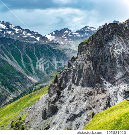 Mountains landscape. snow-capped peaks. Idyllic mountain background. Panoramic view of beautiful mountain landscape Mountains landscape. snow-capped peaks. Idyllic mountain background. Panoramic view of beautiful mountain landscape 105881020