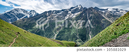 Mountains landscape. Idyllic mountain background. Panoramic view of beautiful mountain landscape Mountains landscape. Idyllic mountain background. Panoramic view of beautiful mountain landscape 105881029