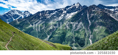 Mountains landscape. snow-capped peaks. Idyllic mountain background. Panoramic view of beautiful mountain landscape 105881030