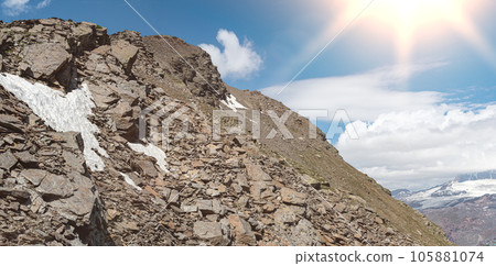 Mountains landscape. snow-capped peaks. Idyllic mountain background. Panoramic view of beautiful mountain landscape 105881074