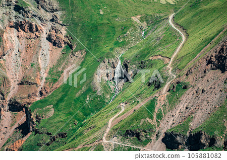 Mountains landscape with waterfall. Idyllic mountain background. Panoramic view of beautiful mountain landscape 105881082