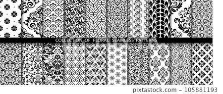 Geometric floral set of seamless patterns. White and black vector backgrounds. Damask graphic ornaments. 105881193