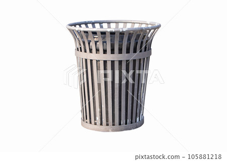 Plastic trash bin, dustbin black sphere shape isolated on white background. Waste collection equipment in the park. Global warming. Beautiful modern design. Made of good quality plastic, not rusty. 105881218