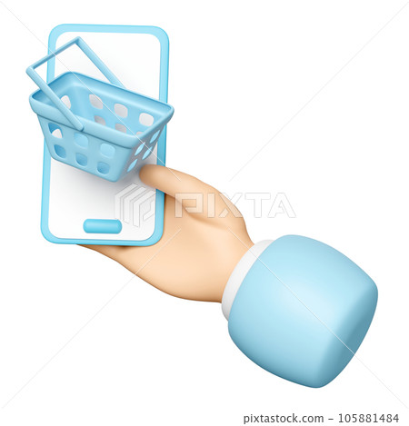3d hand holding smartphone with basket isolated. hand using mobile phone, online shopping concept, 3d render illustration 105881484