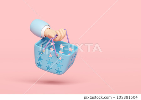 hand holding shopping carts, basket isolated on pink background. 3d render illustration 105881504